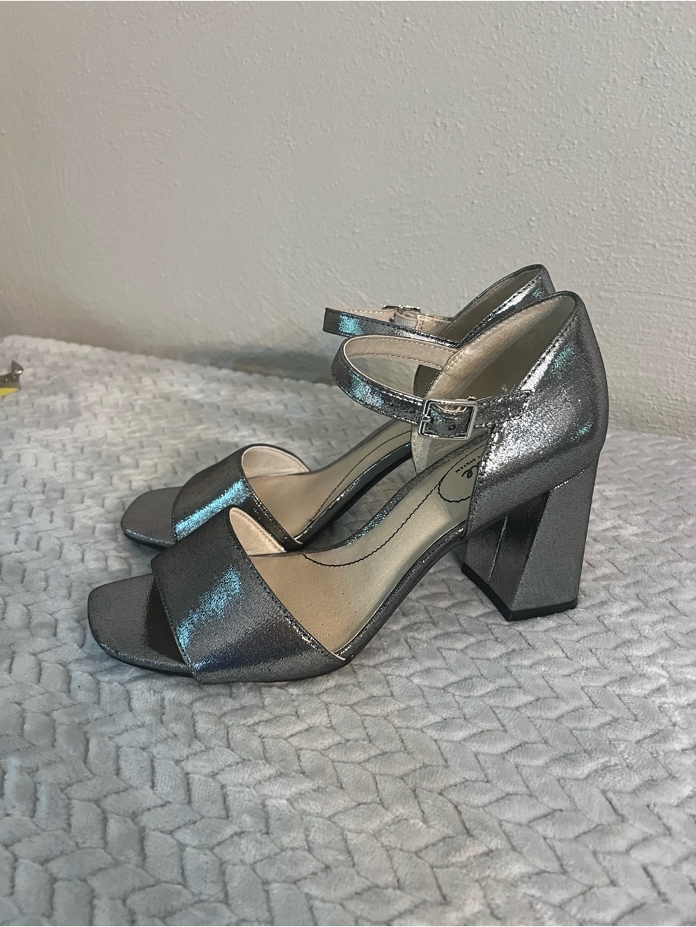 Life Stride Comfort Metallic Silver Block Heel Sandals with Ankle Strap